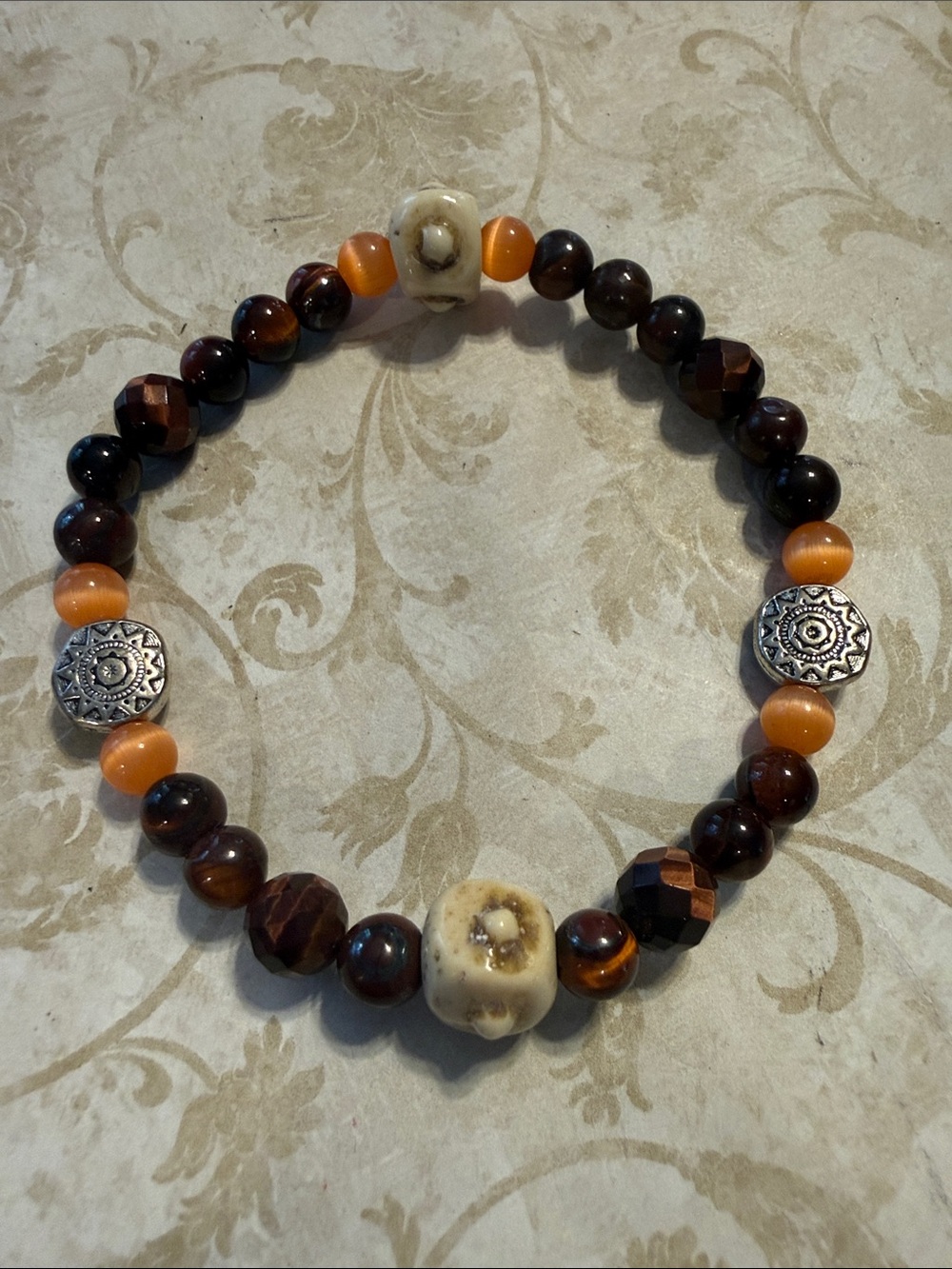 Handmade Brown and Orange Beaded Stretch Bracelet with Accent Charms